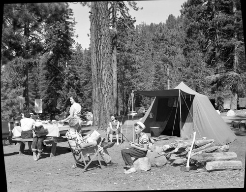 Camping, Log Bridge Camp, P.W. McDonald and family, 2004 North Pannes Ave. Compton 2, CA