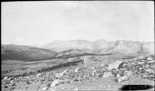 Trail routes, Glacial Moraines, view into upper Tyndall Creek, John Muir Trail Change, right of a two panel panorama