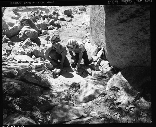 Construction, California Conservation Corps members working on Mist Falls Trail. Individual unidentified