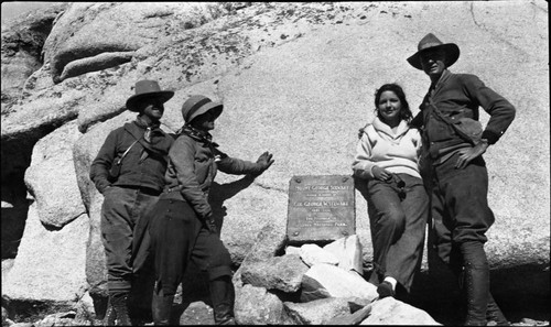 Kaweah Gap, SNP. Dedications and Ceremonies, Plaques, Col. White, George Stewart Plaque dedications, Col. White with daughter Phyllis. L to R: ?, Mrs. White, Phyllis White, Col. White