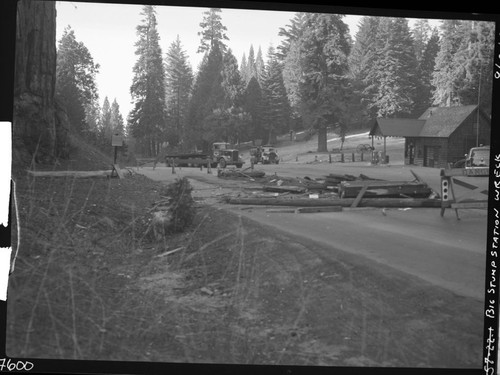 Accidents & Wrecks, wreck of Big Stump Entrance Station after being hit by a logging truck