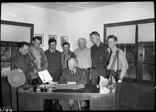 NPS Groups, Superintendent Scoyen presents Meritorious Award for rescue of May 20, 1951. L to R: Bob Branges, Joe Davis, Ted Thompson, Lee Stiltz, Chuck Wallace, Dick Boyer, Carlock Johnson. Dedicati