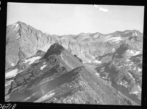 Misc. peaks, south of Deadman looking SW along fin of Glacier Ridge at end of Coppermine Crest. Lion Lake. Light leak