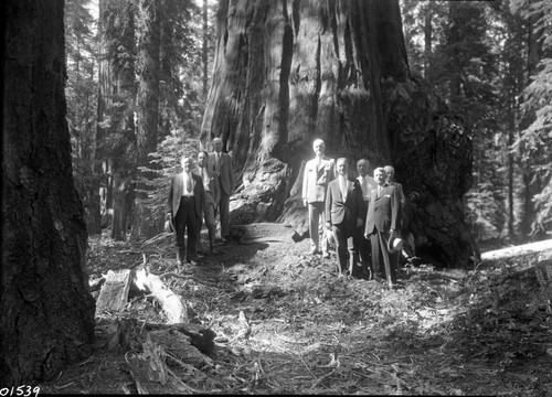 Dedications and Ceremonies, Congressman Barbour Tree. Misc. Groups. Barbour just right of sign. Judge Walter Fry on extreme right