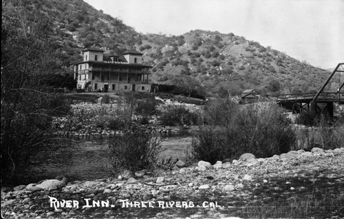 Lindley Eddy, Three RIvers, Tulare County. River Inn located just downstream from Women's Clubhouse, burned in 1912. Front Country Cabins and structures. Middle Fork Kaweah River. Unknown Date