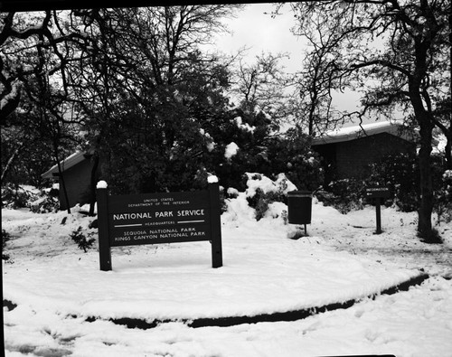 Winter Scenes, Early Winter snow at Headquarters. Buildings and Utilities. Signs