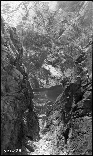 Trail routes, view from the gorge to upper end of Hamilton Lake