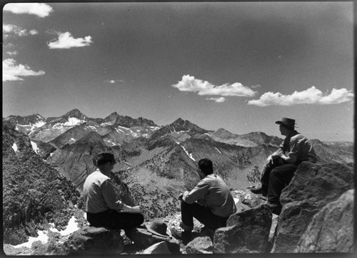 NPS Groups, V. Westley, Gordon Bender, Carlock Johnson, looking Southwest from pass. Misc. Gaps and Passes, Mount Brewer