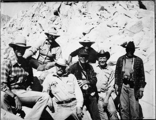 NPS Groups. Left to Right: Marv Jensen, Management Assistant: Jim Harvy, Packer: John Palmer, Chief Park Interpreter: Larry Bancroft, Chief Resource Management: Pete Allen, Ranger: Ken Bachmeyer, Chi