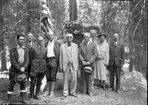 Dedications and Ceremonies, Plaques, Misc. Groups, Stephen Mather Plaque. L to R: W. Beake of Calif. Alpine Club, Col. John R. White, Supt. Frank Been, Park Naturalist, W.E. Colby, Sierra Club, Ben M