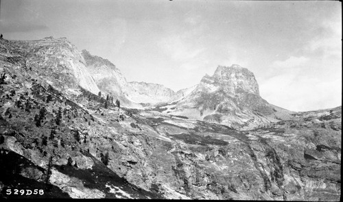 High Sierra Trail Investigation, bench at east end of Hamilton Lake. A steel suspension bridge is proposed to cross canyon at the left to reach this bench. Mt. Stewart, Clacial Steps