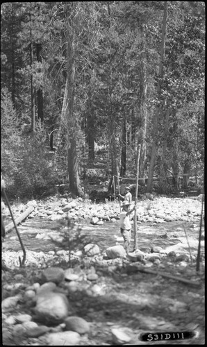 Construction, Chagoopa Trail Bridge site looking east, individuals unidentified