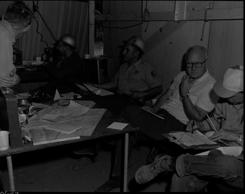 Wildland Fires, Fire Camp Headquarters, Tunnel Rock Fire. NPS Individuals. L to R: ?, ?, Wayne Howe, Blanton Clement, ?