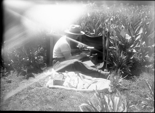 Meadow studies, Ranger Richards makes wts of quadrat forage. Light leaks