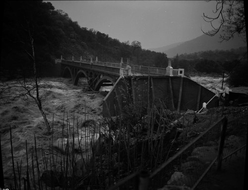 Floods and Storm Damage, Bridges. Flood damaged bridge near Gateway Lodge. Flood, 12/23/55