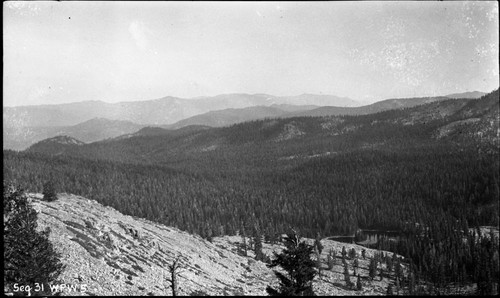 Misc. Canyons, Canyon from sheep meadow, lodgepole pine forest plant community, twin lakes lower right, left panel of a three panel panorama