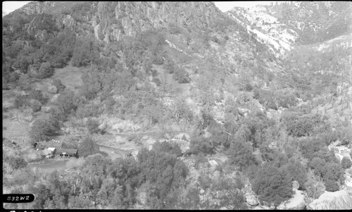 Hospital Rock, construction, showing location of bridge No. 2, Generals Highway relocation, Foothill woodland plant community, Generals Highway, right panel of a two panel panorama