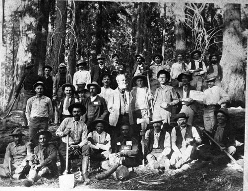 Capt. Charles Young, Military Administration, Construction Road crew upon completion of road into Giant Forest. Lew Davis on knees with shovel in front row, Welsh, white bearded man center. Capt. You