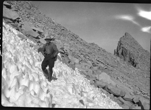 NPS Individuals, Edwin Booth on snowfield, Whitney trail 14,496 ft. Alpine fell-field (Felsonmeer)