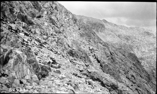 High Sierra Trail Investigation, Misc. Gaps and Passes, upon leaving pass, on the Kern-Kaweah side, rock formation pictured is encountered