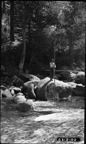 310000 ; John Diehl ; Kern River ; Negatives ; SEKI ; SNP ; construction ; east pier ; individual unidentified ; near Golden Trout Creek ; proposed bridge site