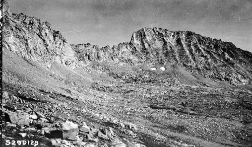 Trail routes, south and east from elevation 12,300' below Harrison Pass, not recommended. Alpine Fell-fields (Felsenmeer)