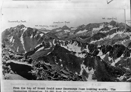 Misc. Peaks, Panorama south from Mt. Gould, of Kings-Kern Divide area between University Peak and Mt. Brewer. Left of two panels