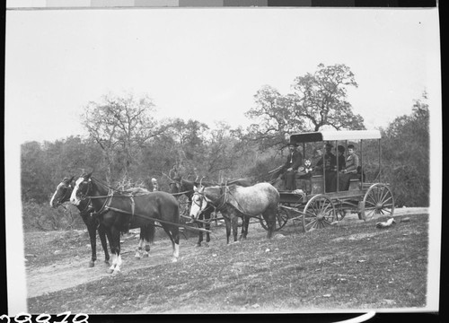 South Fork Kaweah River, Historic Individuals, Vehicles and equipment, stage on road to Broder Ranch, Ralph Hopping, Gertrude Smith, Kate Hopping, Lillien Grimes. 1905