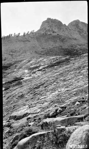 High Sierra Trail Investigation, east to Elizabeth Pass from 10,000' elevation. Right panel of panorama. Neg. copied reversed