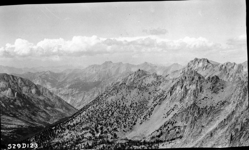 Trail routes, looking northwest down East Creek Canyon, from the Kings-Kern Pass (12,330') into the National Forest. Approximately 4 miles airline to John Muir Trail. Glaciated Canyons, Misc. Canyons