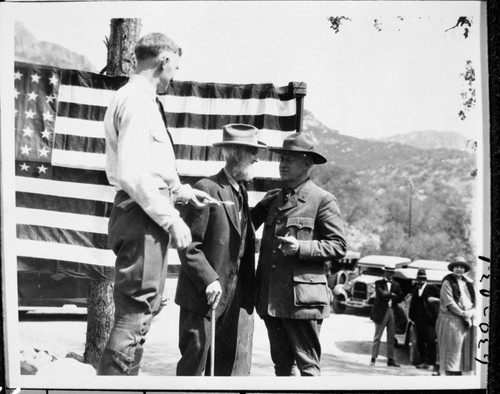 Dedications and ceremonies, informal photos of Generals Highway dedication. NPS Groups. L to R. Col. J.R. White, Grandpa Welch, Director Stephen Mather