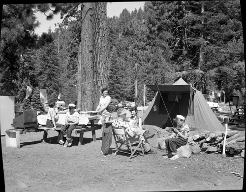 Camping, Log Bridge Camp, P.W. McDonald and family, 2004 North Pannes Ave. Compton 2, CA