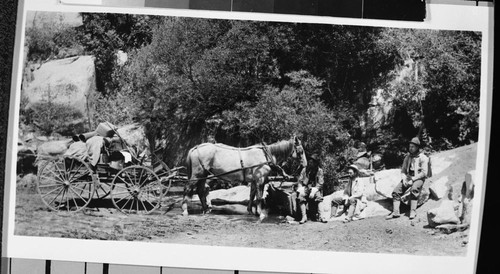 Vehicles and equipment, wagon at Last Chance on Mineral King Road. L to R: George Weisher, George David Smith and Will Huffaker. Misc. Groups. 1899