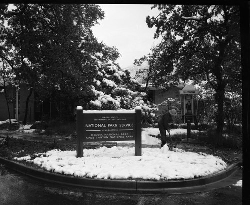 Winter Scenes, Late Snowfall at Headquarters. Buildings and Utilities. signs