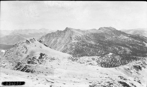 looking down Rattlesnake Creek Canyon from Franklin Pass, Remarks: to go with negative No. 1357, Glaciated Canyons, subalpine Forest Plant Community, Left panel of a two panel panorama