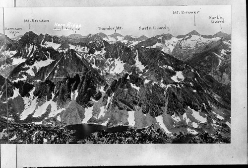 Misc. Peaks, Panorama south from Mt. Gould, of Kings-Kern Divide area between University Peak and Mt. Brewer. Right of two panels. Note: "East Vidette" is really Kern Ridge