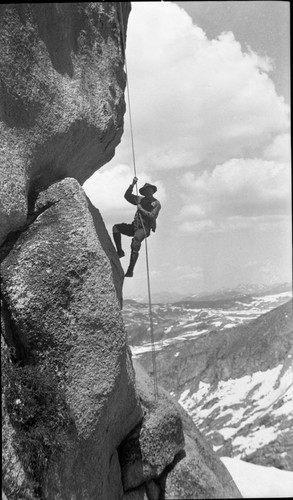 Norman Clyde roping down east side of Alta Peak