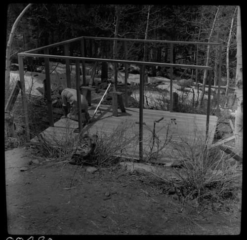 Construction, Loren Finch building LeConte tent cabin. NPS Individuals. Unknown Date