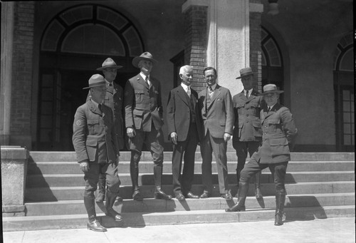 Dedications and Ceremonies, Dedication of Mt. George Stewart. L to R: Ford Spigelmyre, Larry Cook, John R. White, George Stewart, Horace Albright (director), Hugh Parks, Dan Tobin