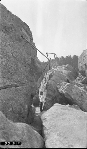 Moro Rock, SNP. Consctruction, Moro Rock Stair Trail, ramp cut near top. NPS Individuals, Asst. Lanscape Architect Merel S. Sager