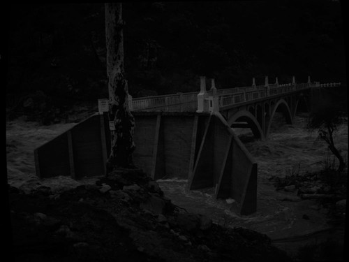 Floods and Storm Damage, Bridges. Flood damaged bridge near Gateway Lodge. Flood, 12/23/55