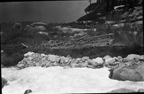 Flood and Storm Damage, Hamilton Gorge Suspension Bridge after being carried down canyon by avalanche