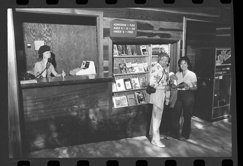 Crystal Cave, Misc. Visitor Activities. Interpretive Activities - Crystal Cave ticket booth with visitors. Peggy Moore, cashier