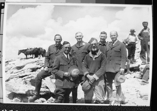 NPS Groups, Director Albright, John Diehl, Engineer, Col. White, Supt., Foreman F.E. Banks, Supervisor Roy Boothe, Inyo N.F., Chief Engineer Kittredge. Dedications and Ceremonies, Mt. Whitney trail dedication