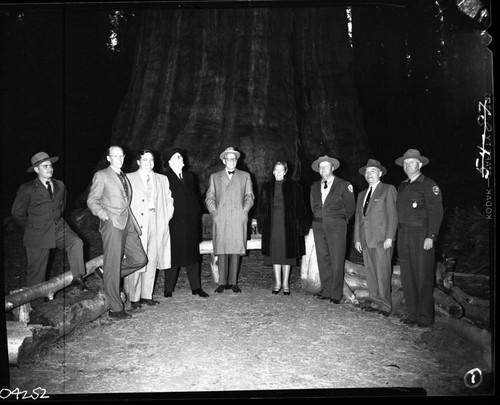 Foreign Visitors, Swedish Prime Minister's Party at Sherman Tree (L to R): Robert Branges (District Ranger), Sven Backlund (1st Secretary), John Neese (Security Officer State Department) Prime Minist