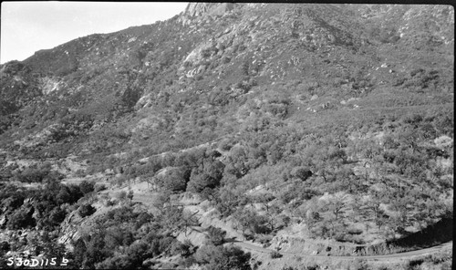 Views, down Middle Fork from Flume syphon house at Potwisha, showing Generals Highway. Foothill Woodland Plant Community