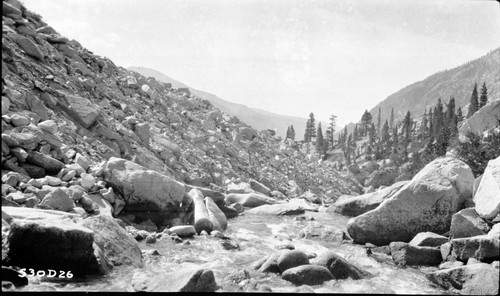 High Sierra Trail Investigation, proposed bridge site across Kern River. Glacial Moraines. View down stream