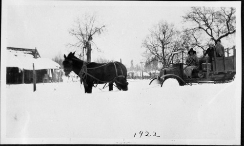 Pinehurst area, Vehicles and Equipment, Horse pulling auto in snow at Apple Ranch on Hogback Road