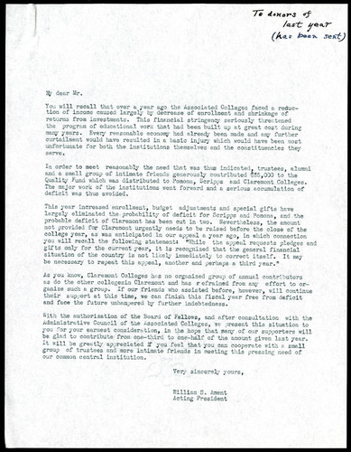 William S. Ament letter to the donors