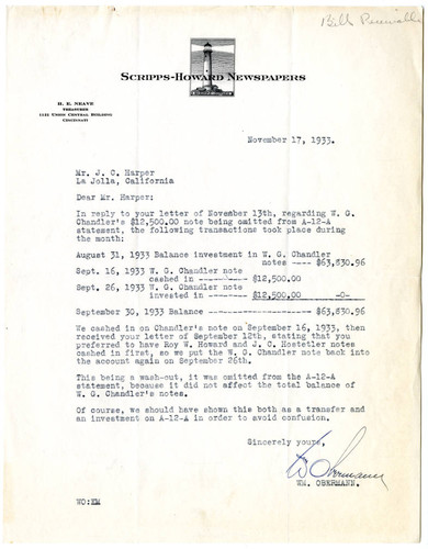 William Obermann's Letter to J.C. Harper, 1933 November 17
